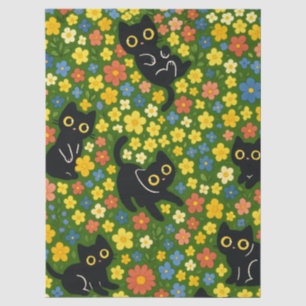 Cute Black Cats Floral Meadow Pattern Tissue Paper