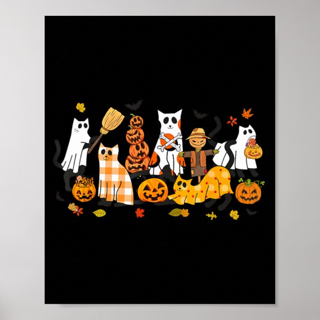 Cute Black Cats Ghost Halloween Pumpkin Cat Lover Poster (Front)