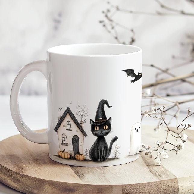 Cute Black Cats Halloween Party Coffee Mug (Cute Black Cats Halloween Party Coffee Mug on a boho kitchen table with tiny dry whit flowers)