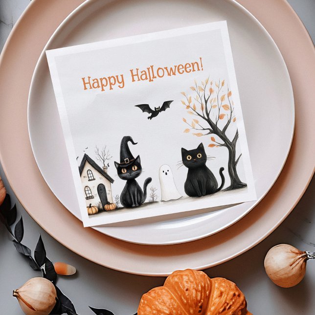 Cute Black Cats Halloween Party Napkin (Cute Black Cats Halloween Party Napkins on an orange plate with autumn decoration)