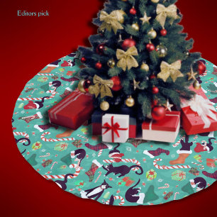 Cute Black Cats In Christmas Holiday Sweaters  Brushed Polyester Tree Skirt