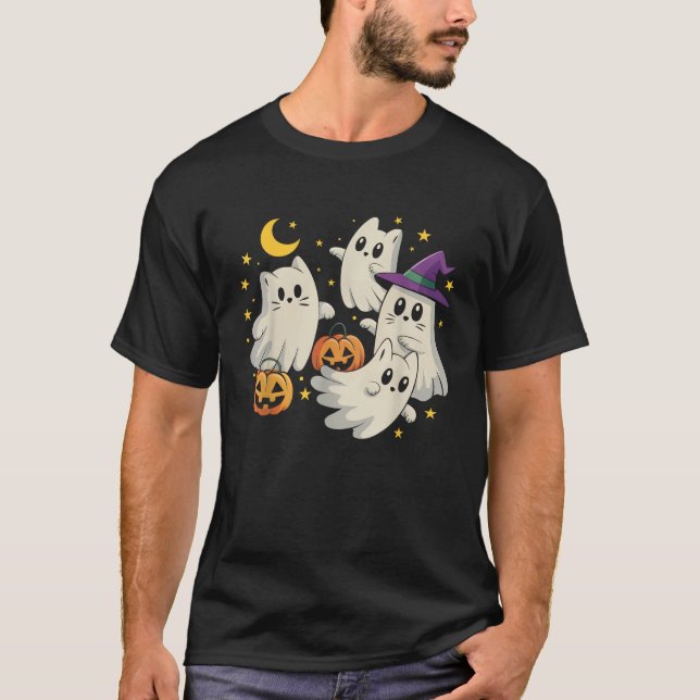 Cute Black Cats in Ghost Pumpkin Halloween Costume T-Shirt (Front)