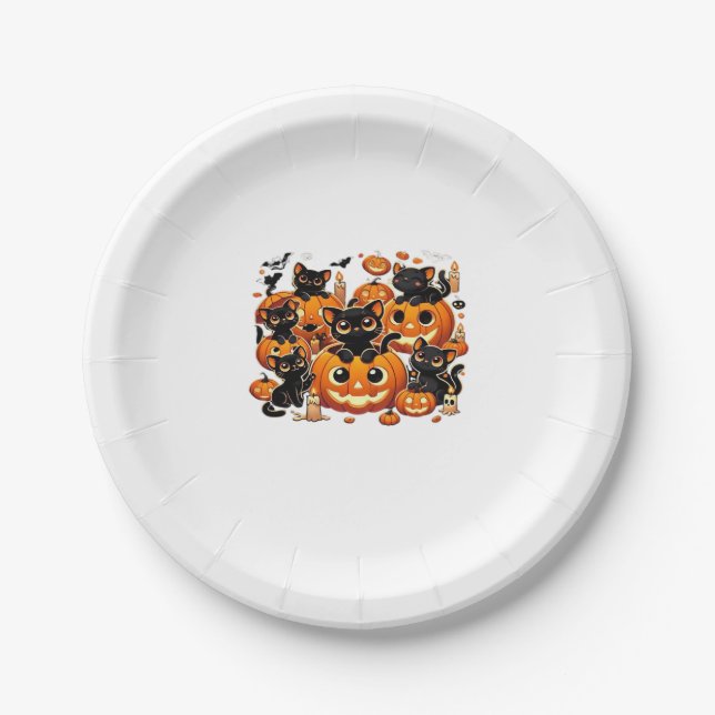 Cute Black Cats in Pumpkins Halloween Night Artwor Paper Plate (Front)