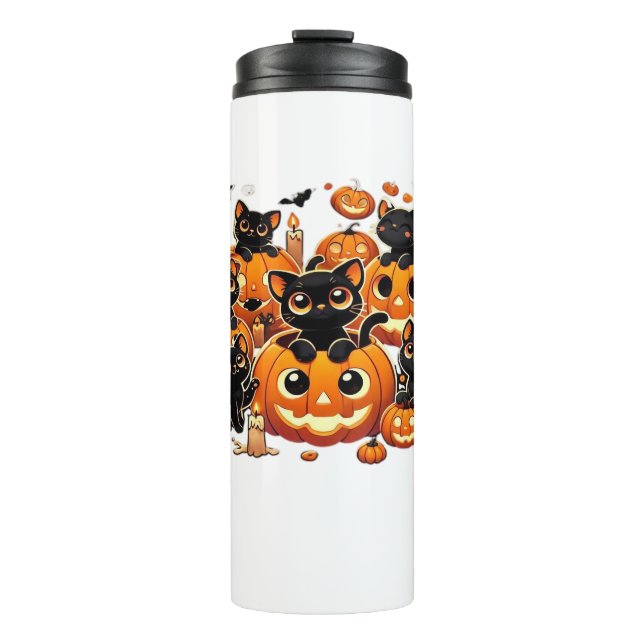 Cute Black Cats in Pumpkins Halloween Night Artwor Thermal Tumbler (Front)