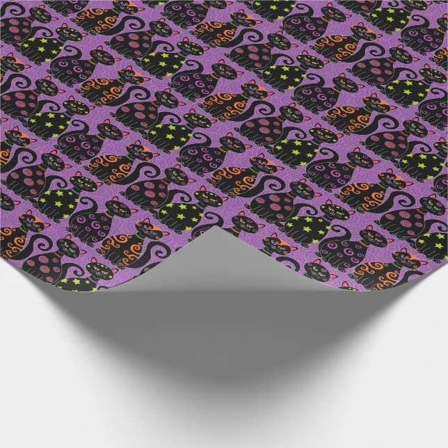 Cute Black Cats Purple Whimsical Halloween Pattern Wrapping Paper (Corner)