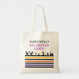 Cute Black Cats & Stripes Custom Halloween Candy Tote Bag