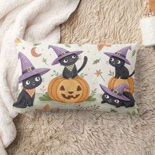 Cute black cats wearing purple witch hats lumbar cushion