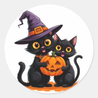 Cute Black Cats Witch Pumpkin Halloween 🐈‍⬛ Classic Round Sticker
