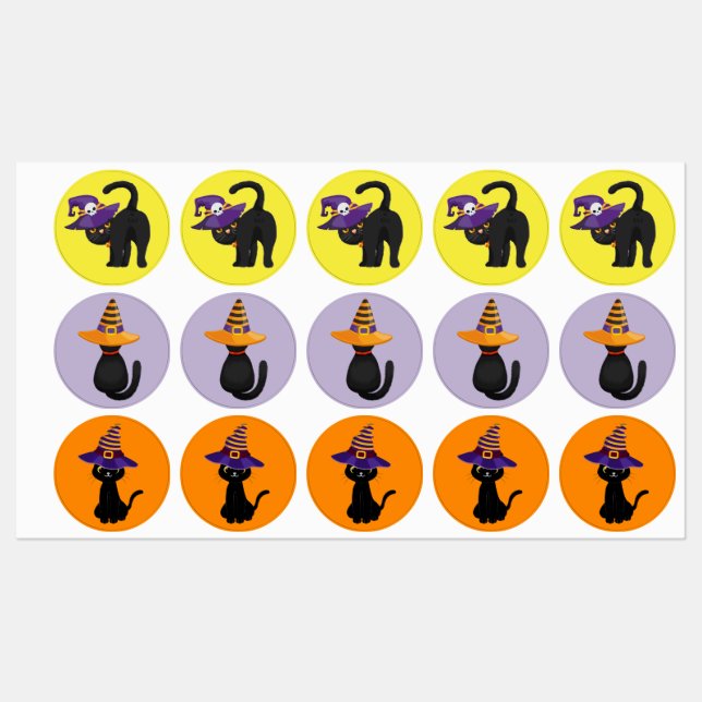 Cute Black Cats Witches Hats Stickers Set  (Sheet)