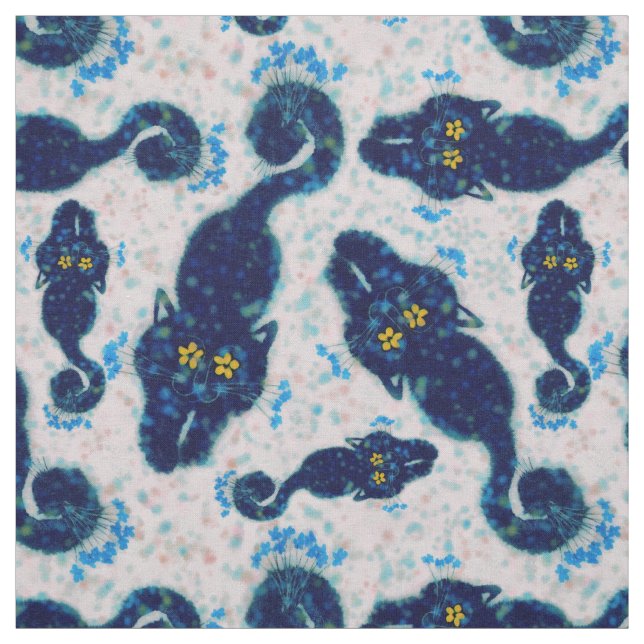 Cute Black Cats With Flowers Pattern Design Fabric (Swatch)