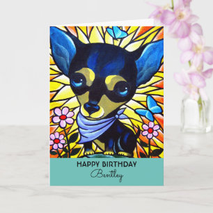 Cute Black Chihuahua Birthday Dog Teal Artwork Card