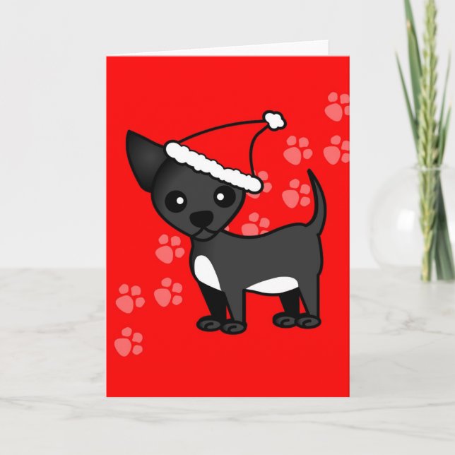 Cute Black Chihuahua Cartoon Santa Hat Holiday Card (Front)