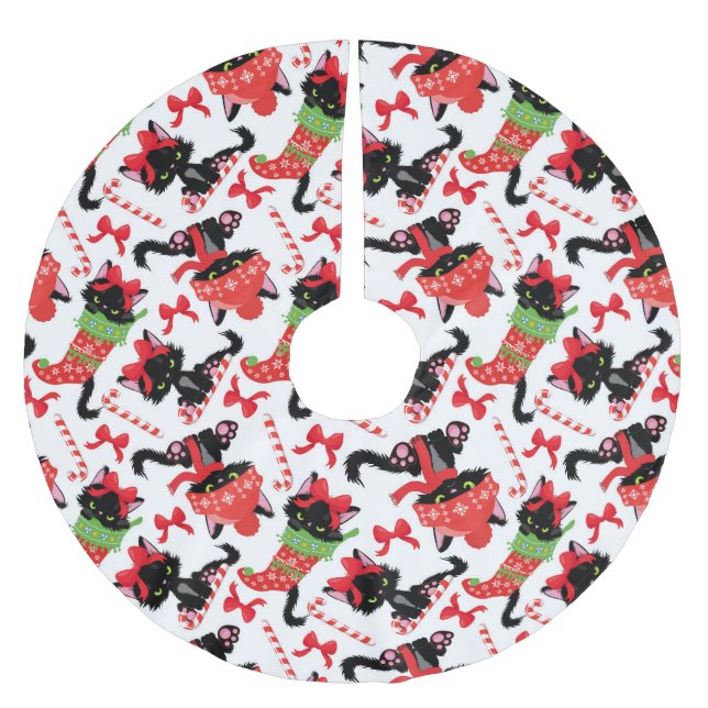 CUTE BLACK CHRISTMAS KITTENS IN STOCKINGS BRUSHED POLYESTER TREE SKIRT (Front)