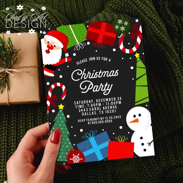 Cute Black Christmas Party Santa & Snowman Invitation (Creator Uploaded)