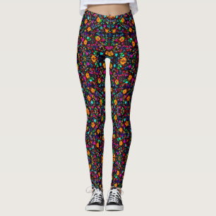 Cute black colourful abstract flowers leggings