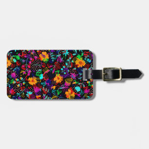 Cute black colourful abstract flowers luggage tag