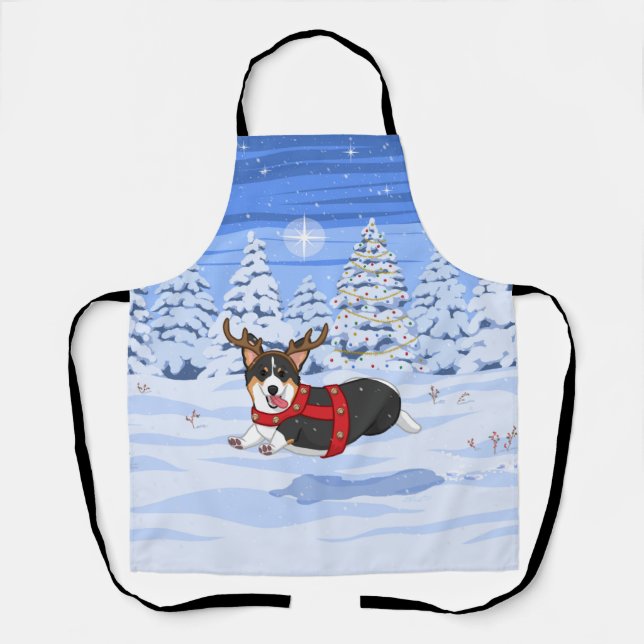 Cute Black Corgi Christmas Reindeer Costume Apron (Front)