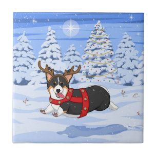 Cute Black Corgi Christmas Reindeer Costume Ceramic Tile