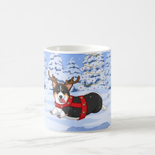 Cute Black Corgi Christmas Reindeer Costume Coffee Mug (Center)