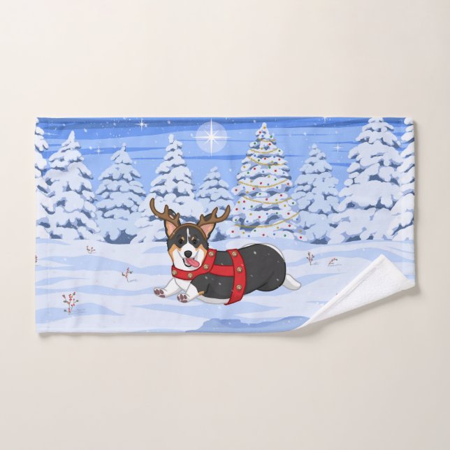 Cute Black Corgi Christmas Reindeer Costume Hand Towel (Hand Towel)
