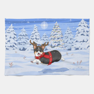 Cute Black Corgi Christmas Reindeer Costume Tea Towel