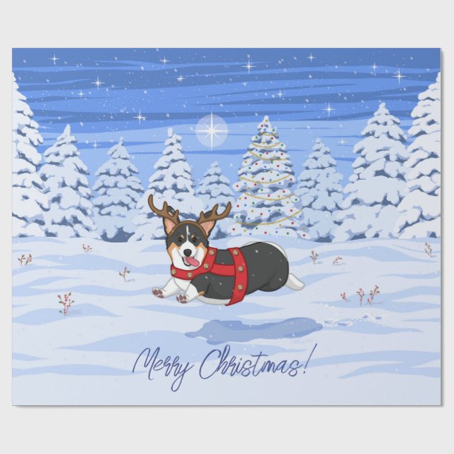 Cute Black Corgi Christmas Reindeer Costume Wrapping Paper (Flat)