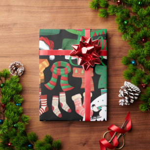 Cute black Cosy Christmas Hats Scarves & Socks  Wrapping Paper