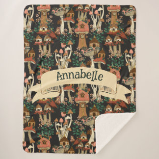 Cute Black Cottage Core Floral Mushroom Pattern Sherpa Blanket
