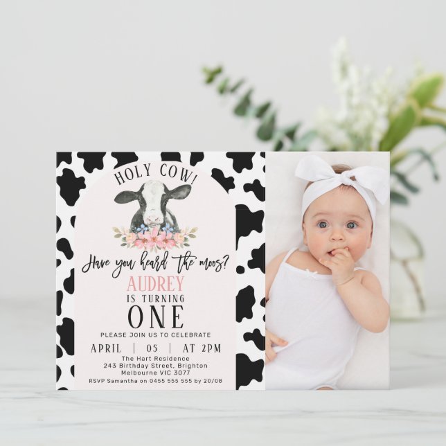 Cute Black Cow Print Photo Holy Cow 1st Birthday Invitation (Standing Front)