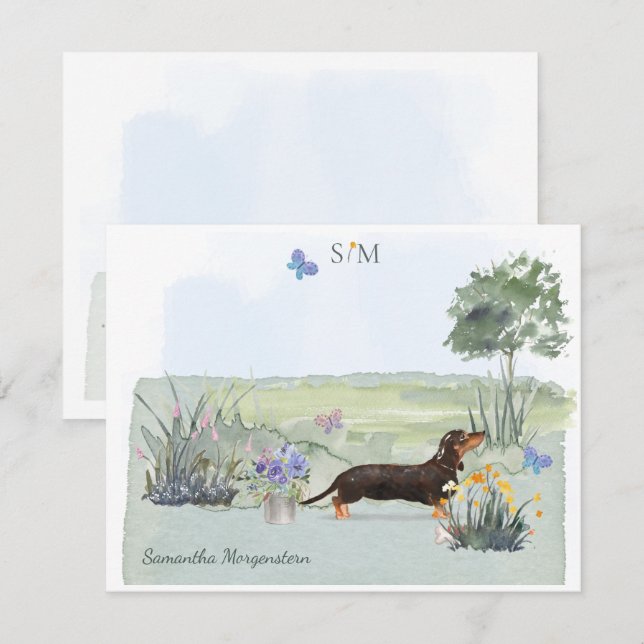 Cute Black Dachshund Dog Butterfly Monogram Name  Card (Front/Back)