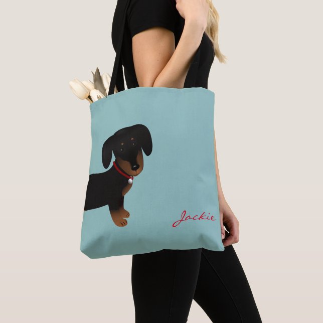 Cute Black Dachshund  Front and Back Design Tote Bag (Close Up)