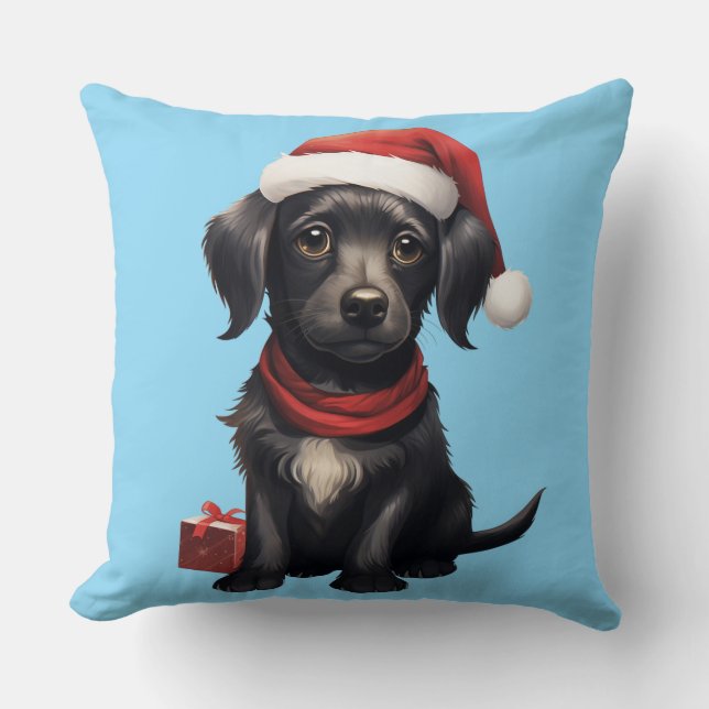 Cute Black Dog at Christmas Cushion (Front)
