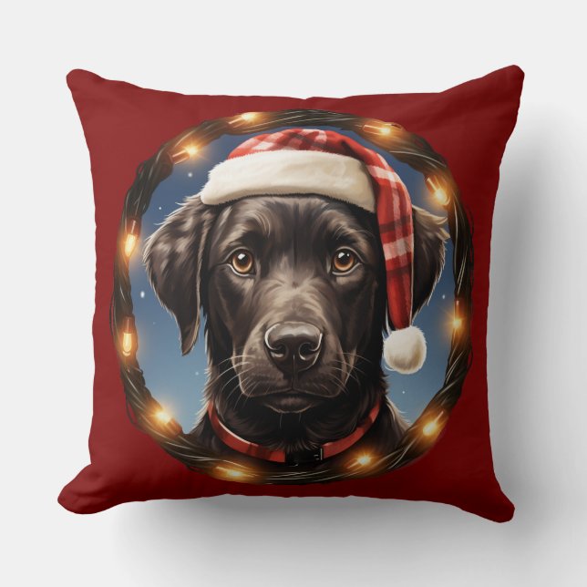 Cute Black Dog at Christmas Cushion (Front)