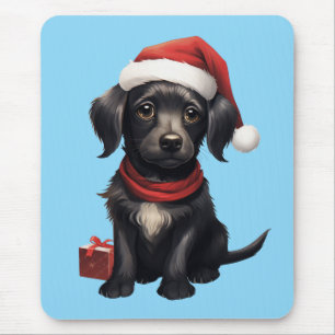 Cute Black Dog at Christmas Mouse Pad