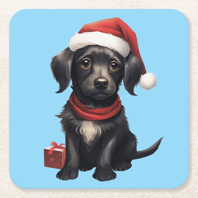 Cute Black Dog at Christmas Square Paper Coaster (Front)