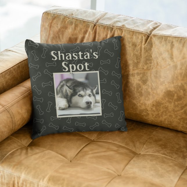 Cute Black Dog Custom Pet Photo Name Bones Cushion (Creator Uploaded)