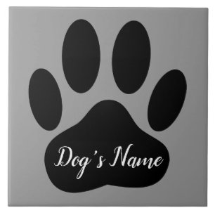 Cute Black Dog Paw Print With Custom Name Ceramic Tile