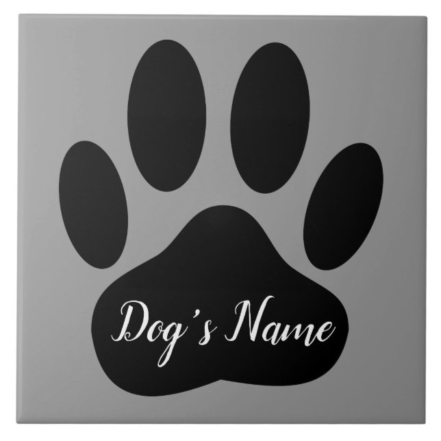 Cute Black Dog Paw Print With Custom Name Ceramic Tile (Front)