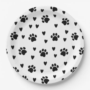 Cute Black Dog Paw Prints & Hearts Paper Plate