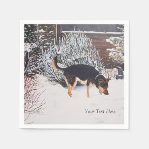 cute black dog playing in snow scene napkin