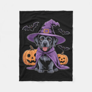 Cute Black Dog Witch Halloween Pumpkins And Bats Fleece Blanket