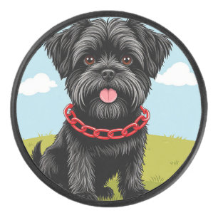 Cute Black Dog With Red Collar in Cartoon Style Hockey Puck