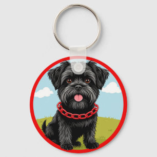 Cute Black Dog With Red Collar in Cartoon Style Key Ring