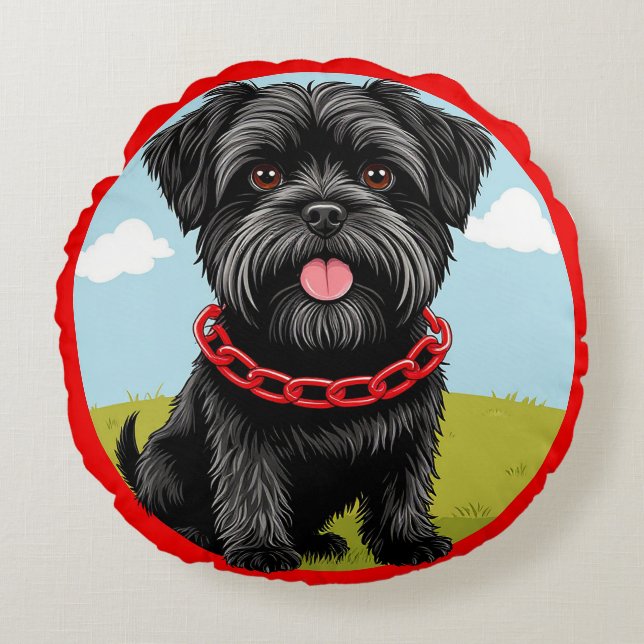 Cute Black Dog With Red Collar in Cartoon Style Round Cushion (Front)