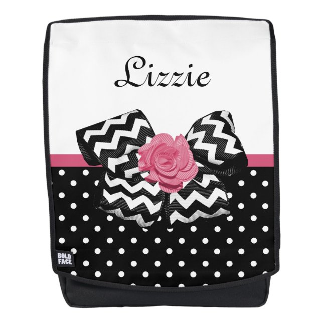 Cute Black Dots Pink Rose Chevron Bow and Name Backpack (Front)