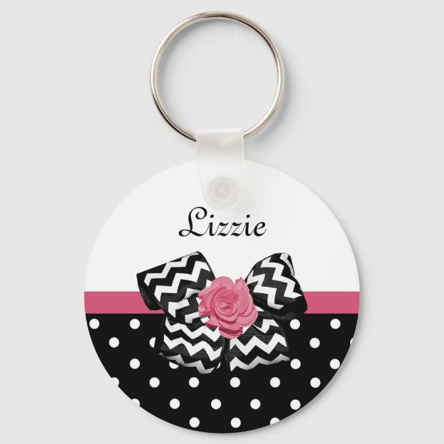 Cute Black Dots Pink Rose Chevron Bow and Name Key Ring (Front)