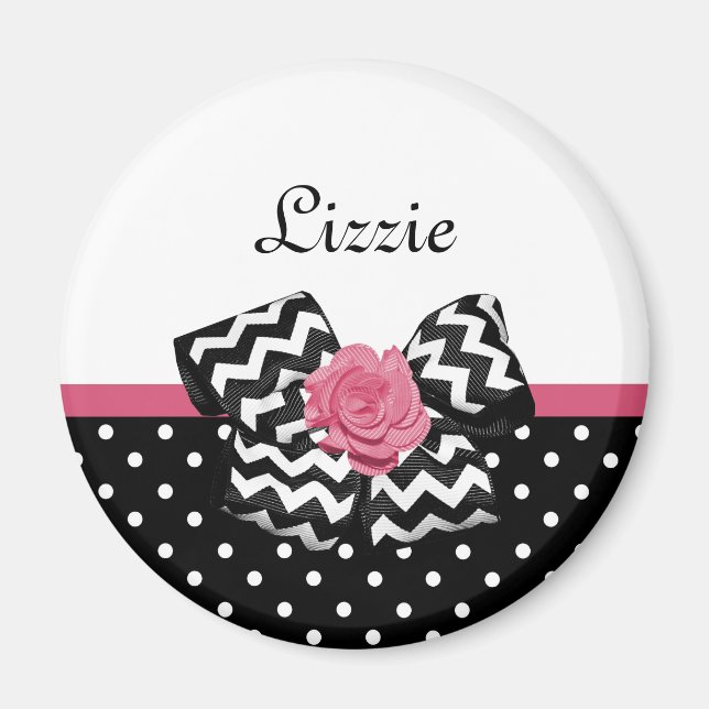 Cute Black Dots Pink Rose Chevron Bow and Name Magnet (Front)