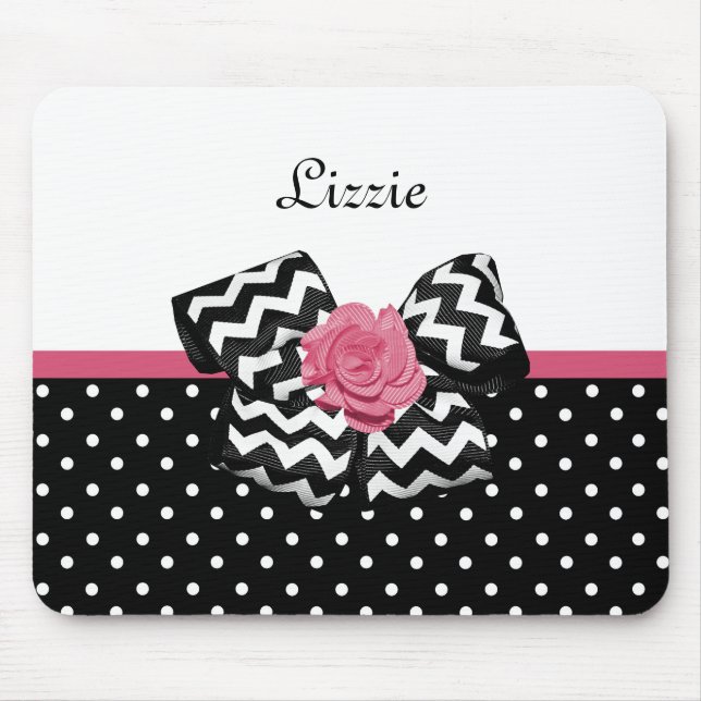 Cute Black Dots Pink Rose Chevron Bow and Name Mouse Pad (Front)