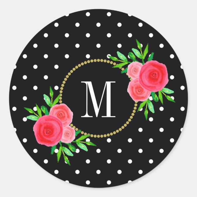 Cute Black Dots Red Watercolor Floral Monogram Classic Round Sticker (Front)