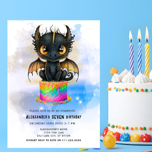 Cute Black Dragon Rainbow Cake Fairytale Birthday Invitation